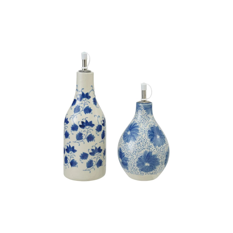 Stoneware Oil Cruet with Floral Pattern (2 styles)