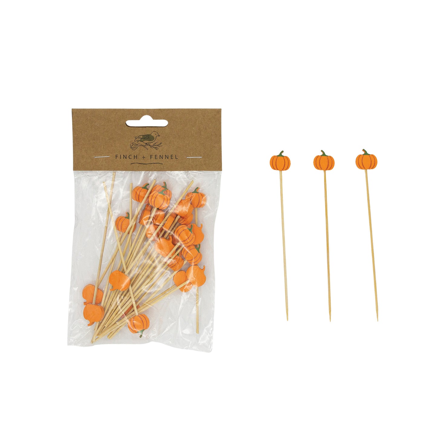 Bamboo Single Use Picks w/ Pumpkin Shaped Handles, Natural, Orange Color & Black, Set of 50