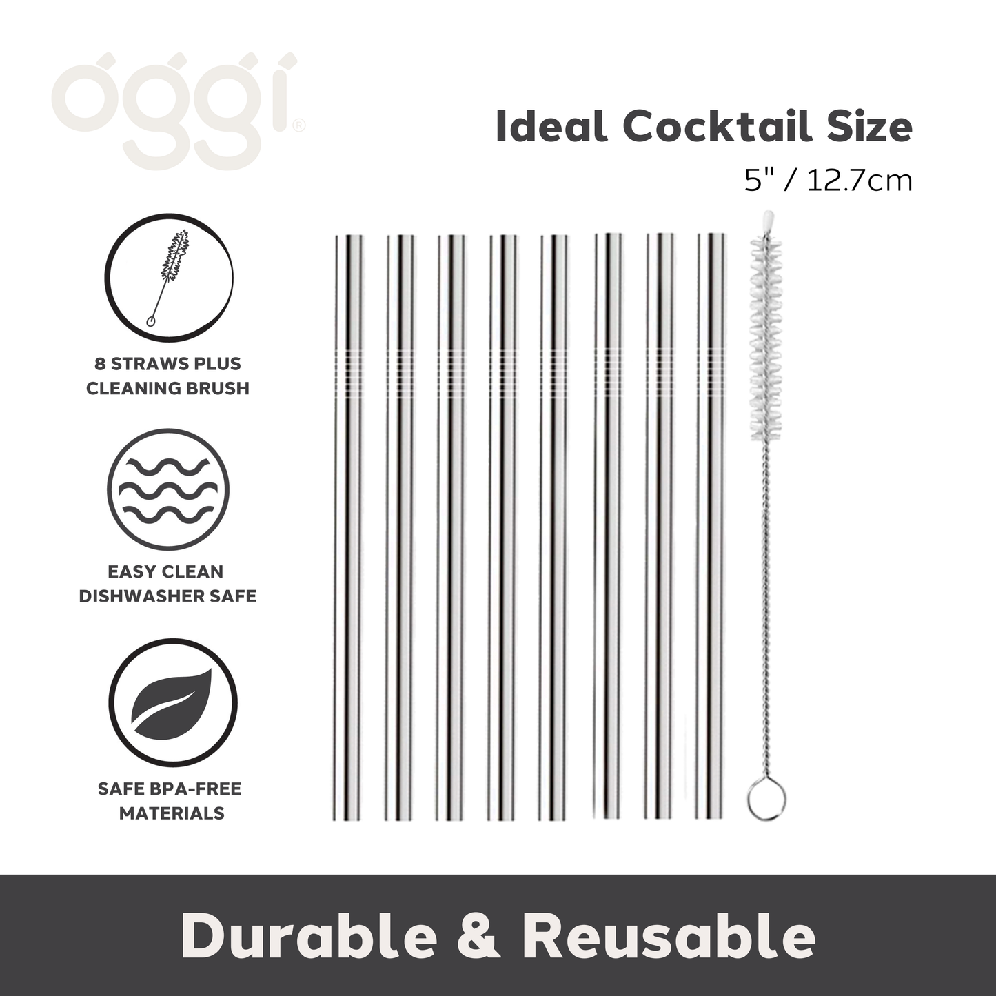 Cocktail Straws - Set/8, Stainless Steel & Brush - 5"/12.8cm