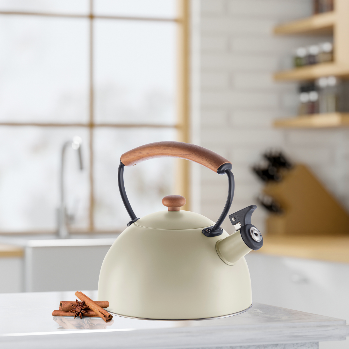 Stovetop Kettle - Steel, Wood Handle, Whistle (1.9lt, 64oz)