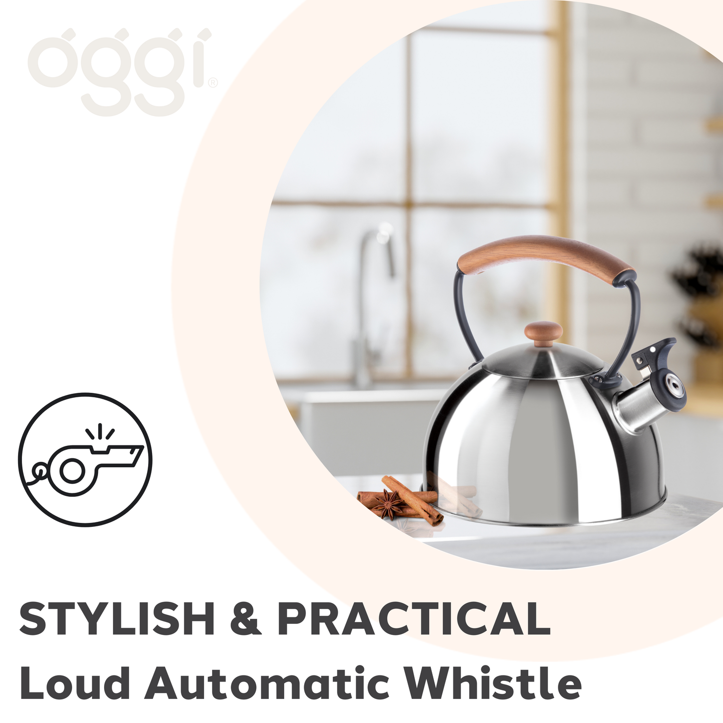 Stovetop Kettle - Steel, Wood Handle, Whistle (1.9lt, 64oz)