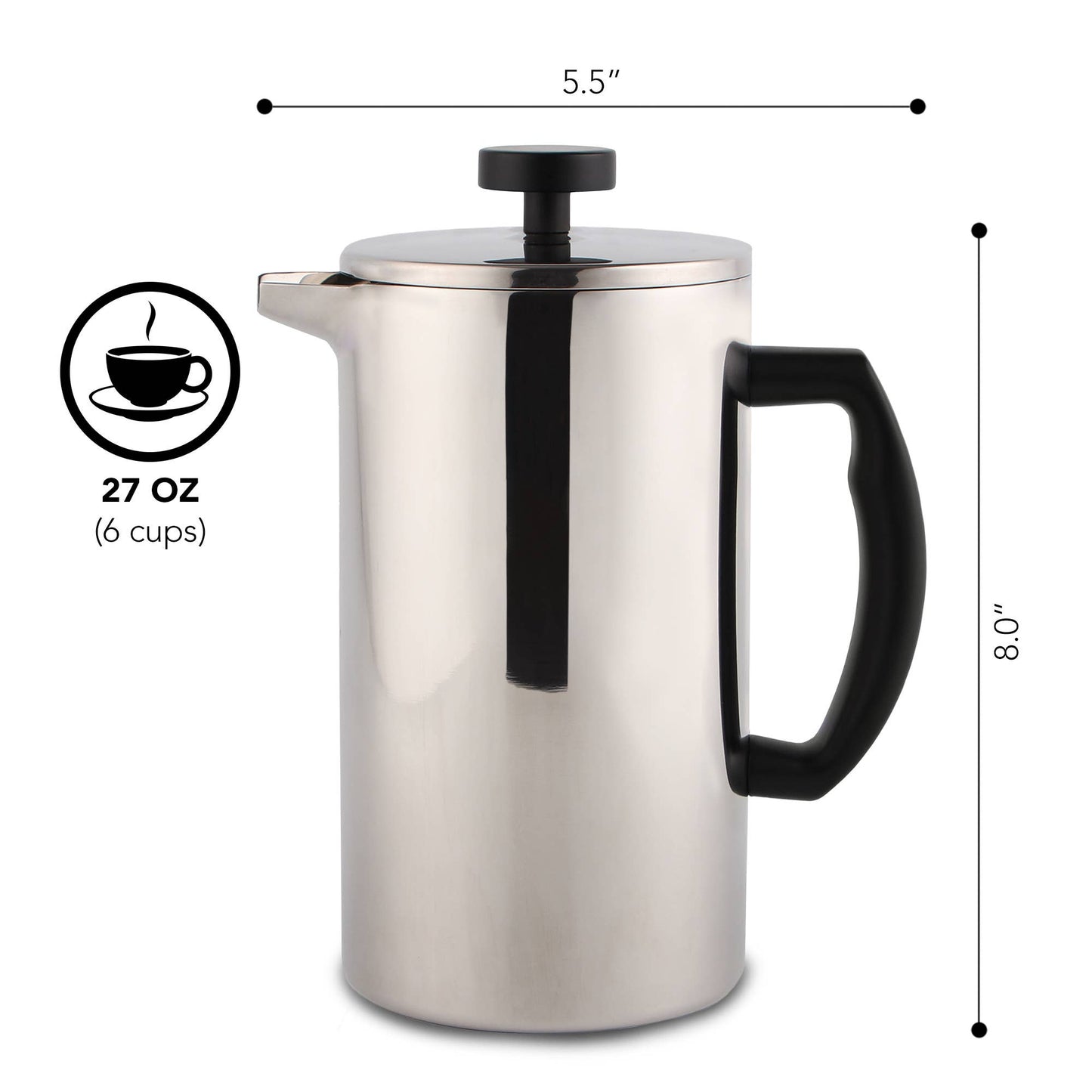 Kaffe French Press Coffee Maker. Double-Wall Stainless Steel