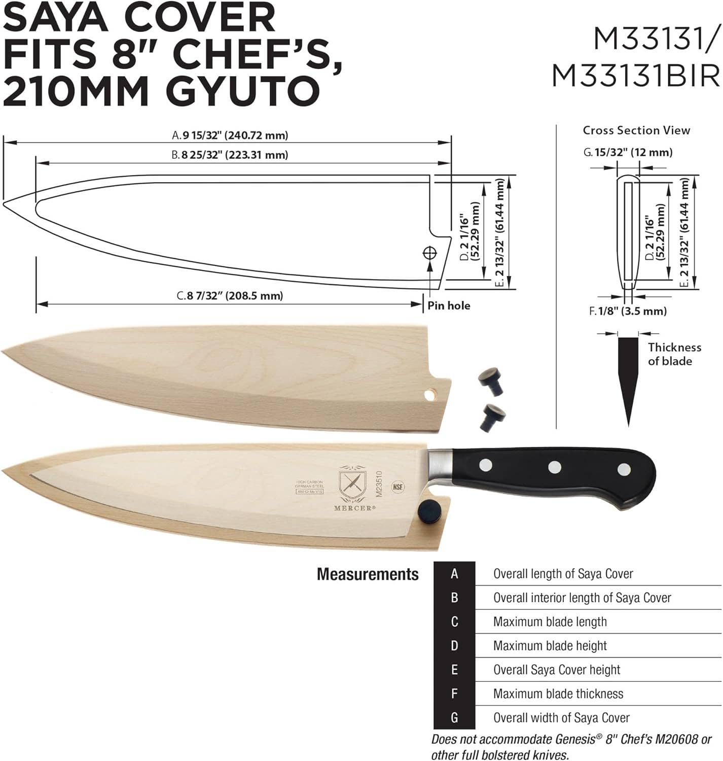 Natural Ash Wood Saya Cover Blade Protector for 8" Chef