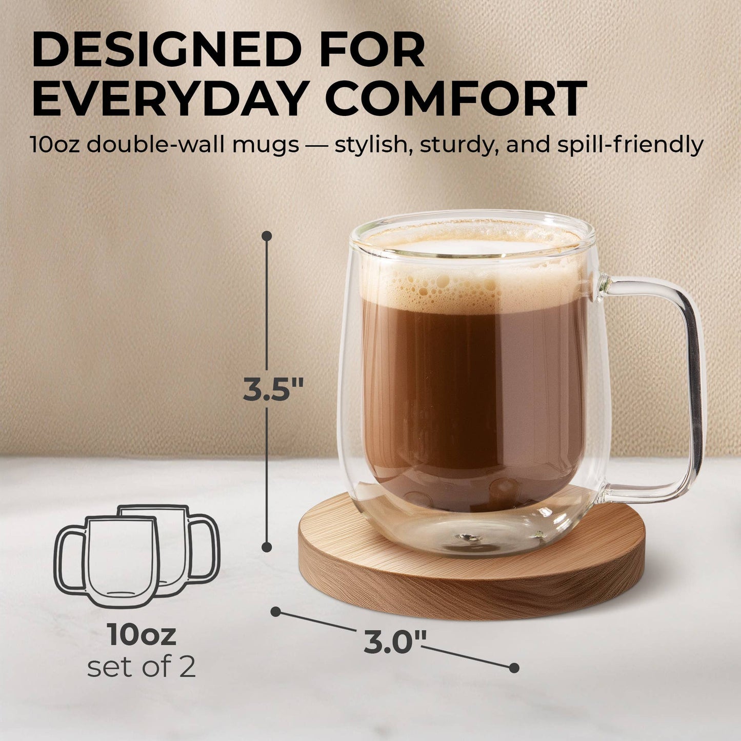 Kaffe 10oz Glass Coffee Mugs. Double-Wall Borosilicate Glass