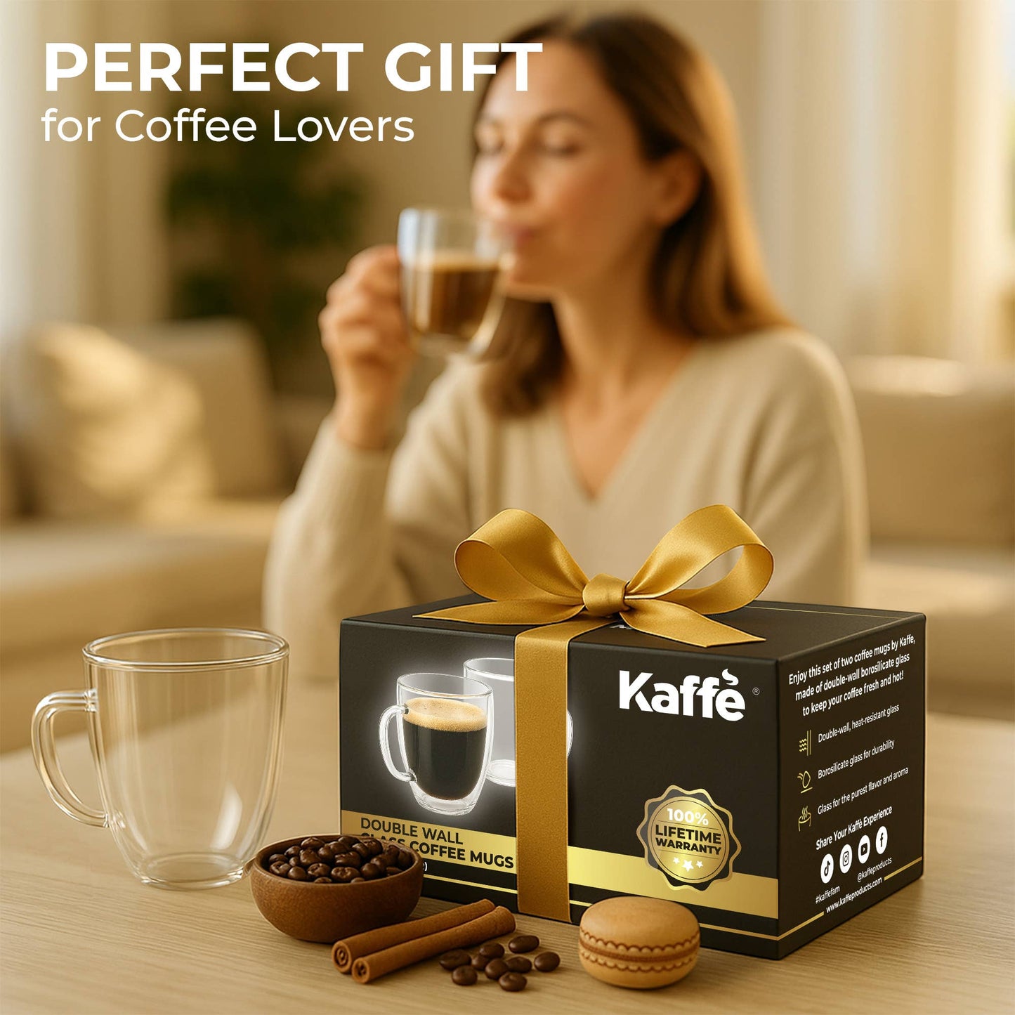 Kaffe 16oz Glass Coffee Mugs. Set of 2 (Two)