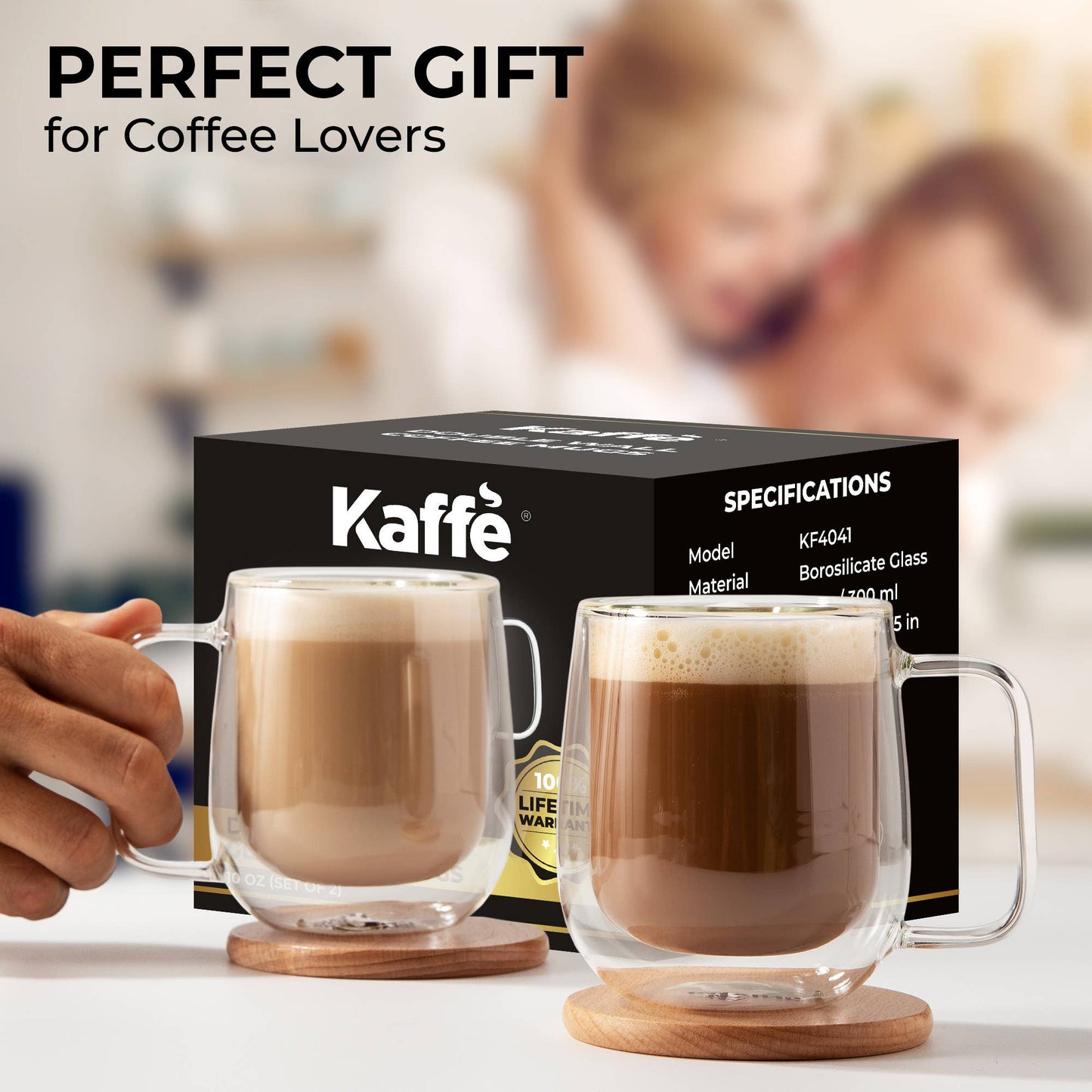 Kaffe 10oz Glass Coffee Mugs. Double-Wall Borosilicate Glass