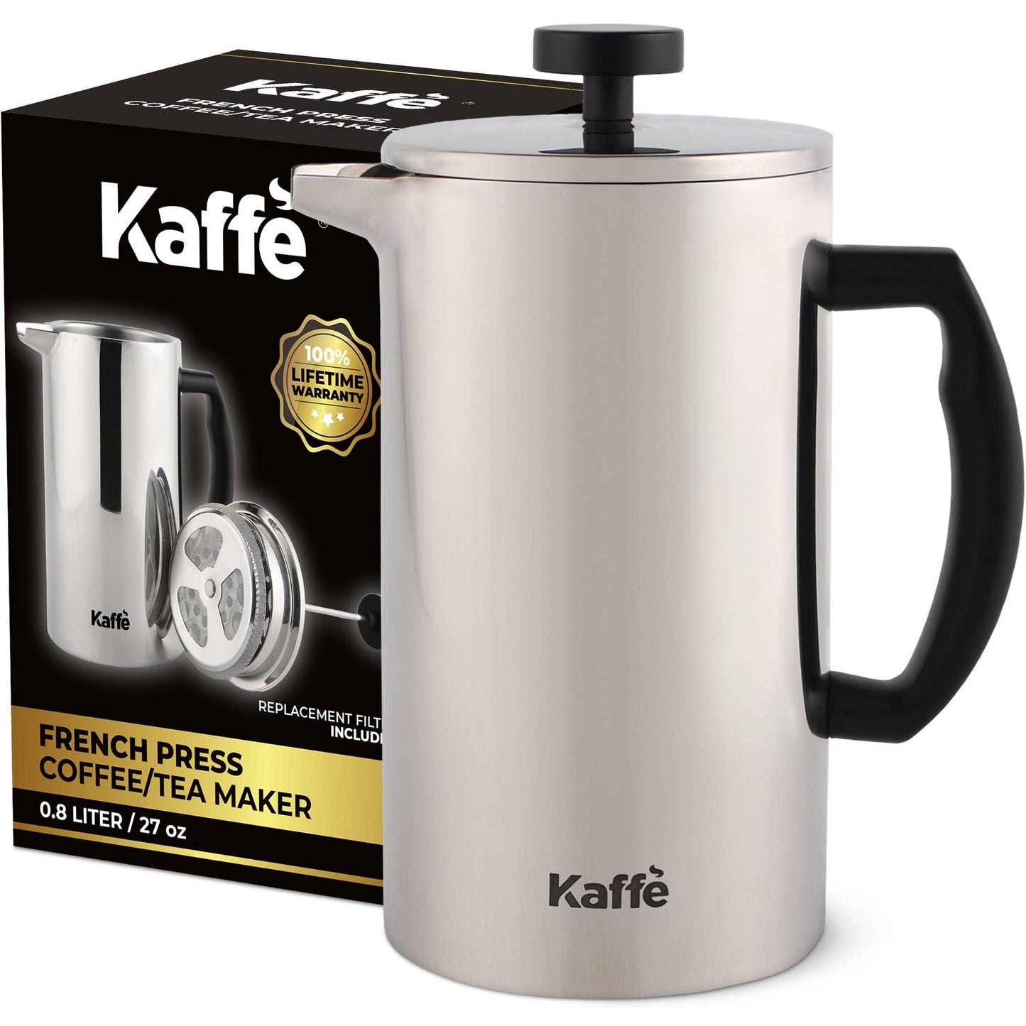 Kaffe French Press Coffee Maker. Double-Wall Stainless Steel