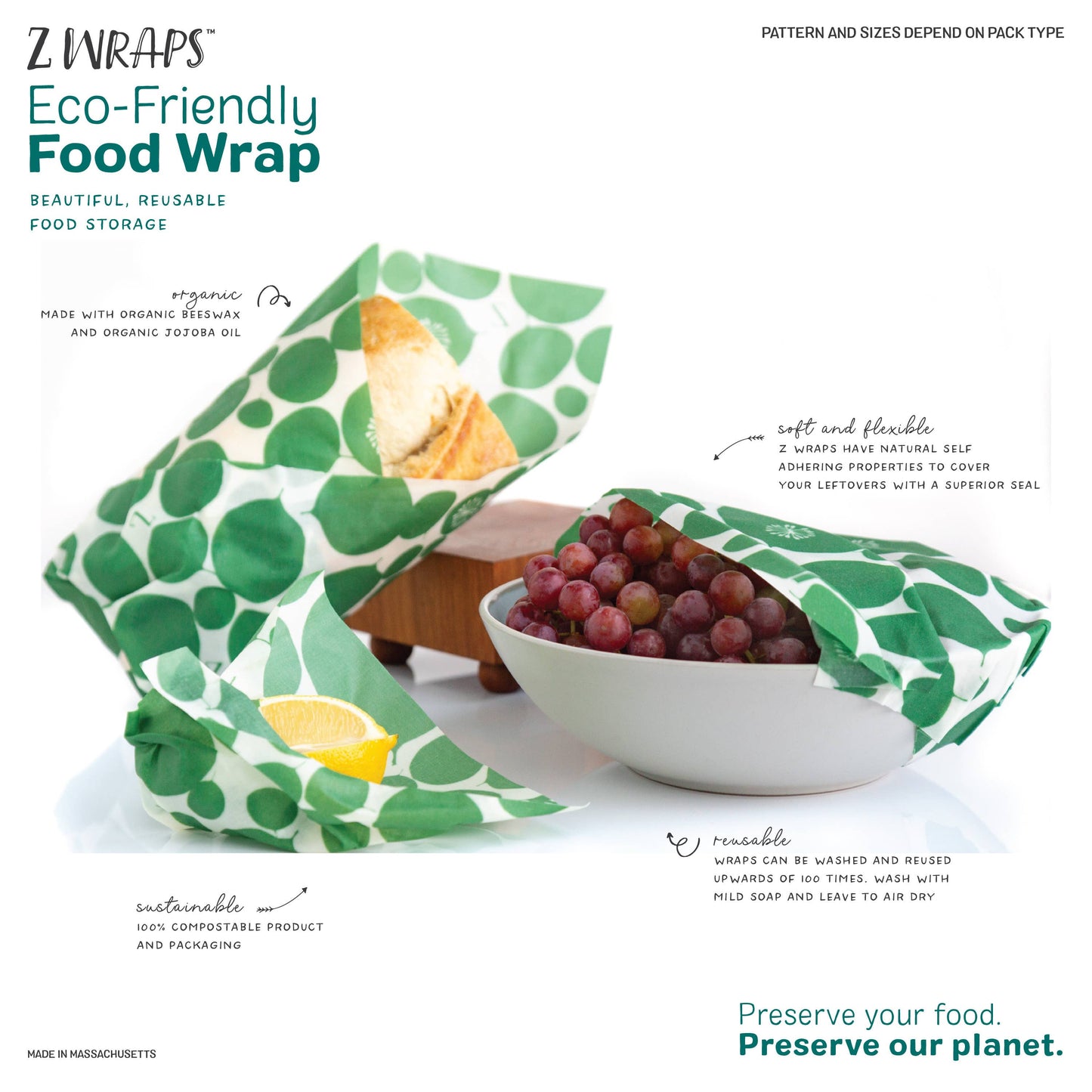 Z Wraps Set of 3 (S-1,M-1,L-1) Reusable Food Wraps