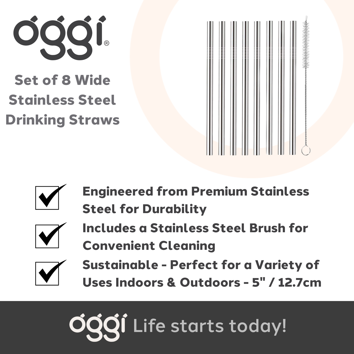 Cocktail Straws - Set/8, Stainless Steel & Brush - 5"/12.8cm