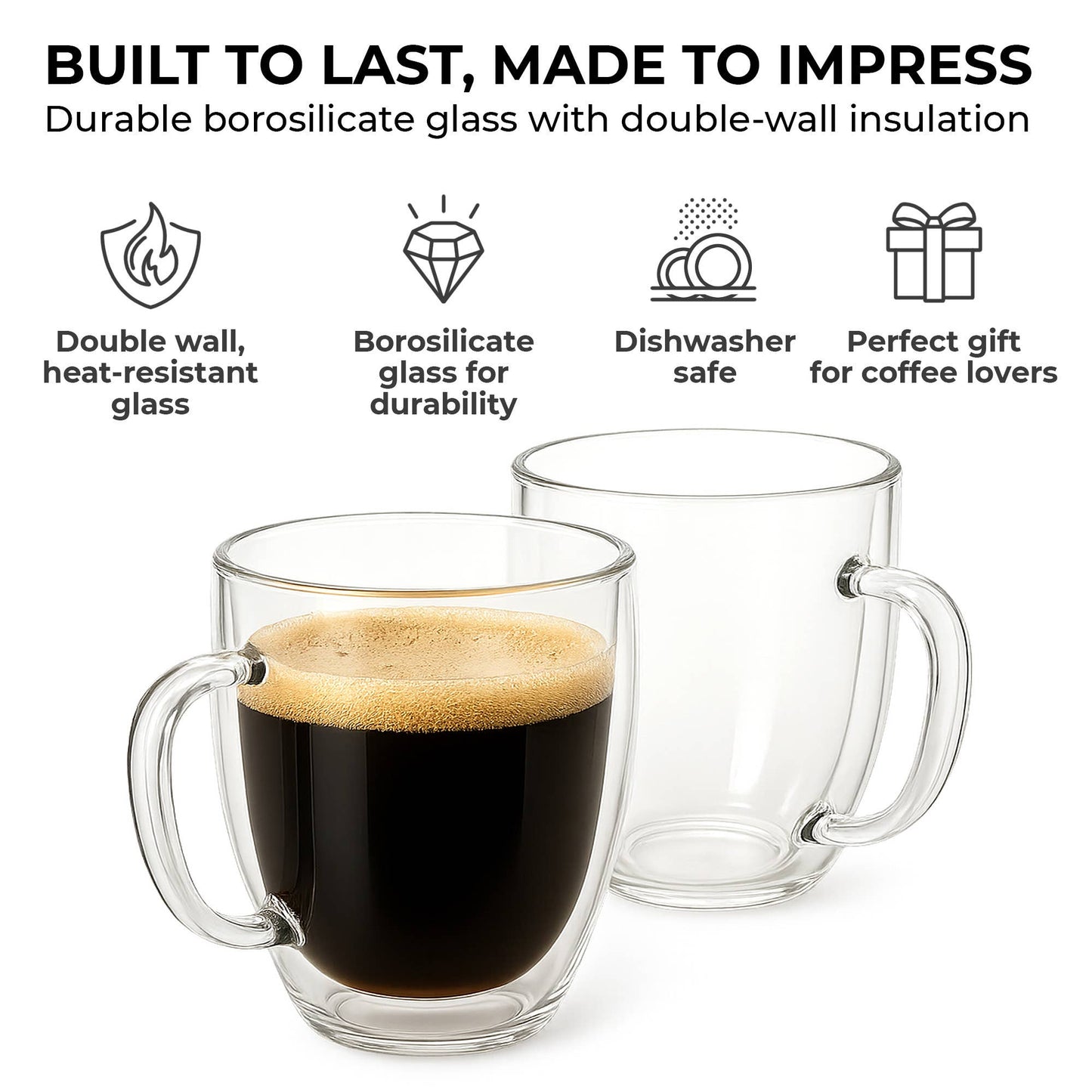 Kaffe 16oz Glass Coffee Mugs. Set of 2 (Two)