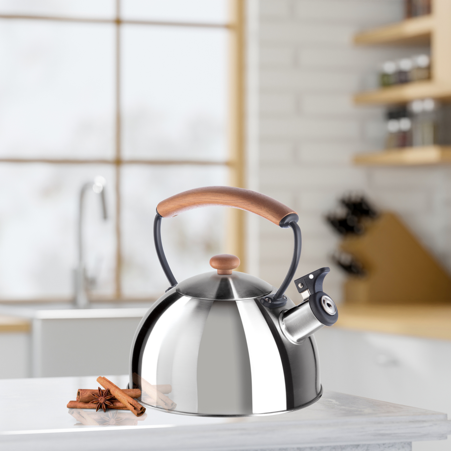 Stovetop Kettle - Steel, Wood Handle, Whistle (1.9lt, 64oz)