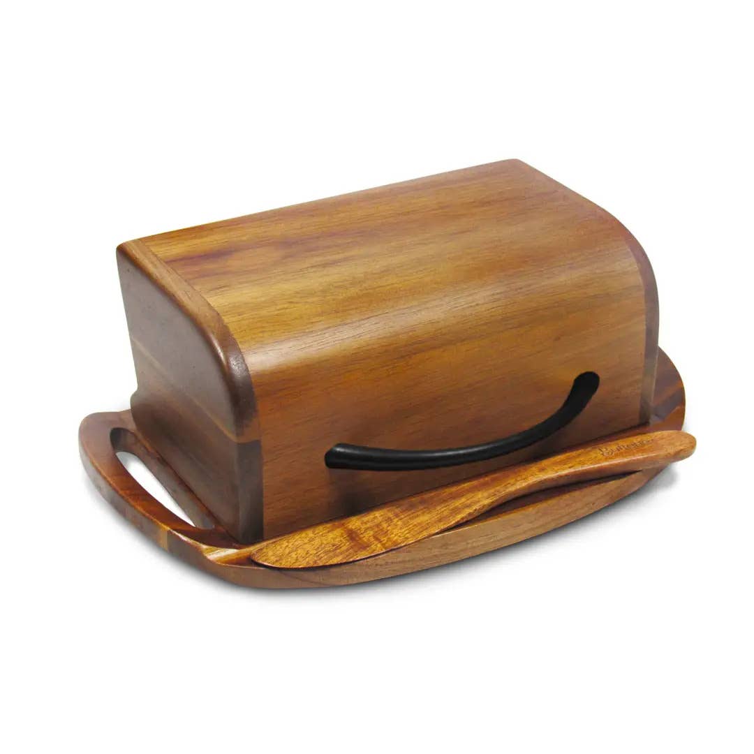 Acacia Wood Flip-Top Butter Dish w/ Spreader - Black Handle