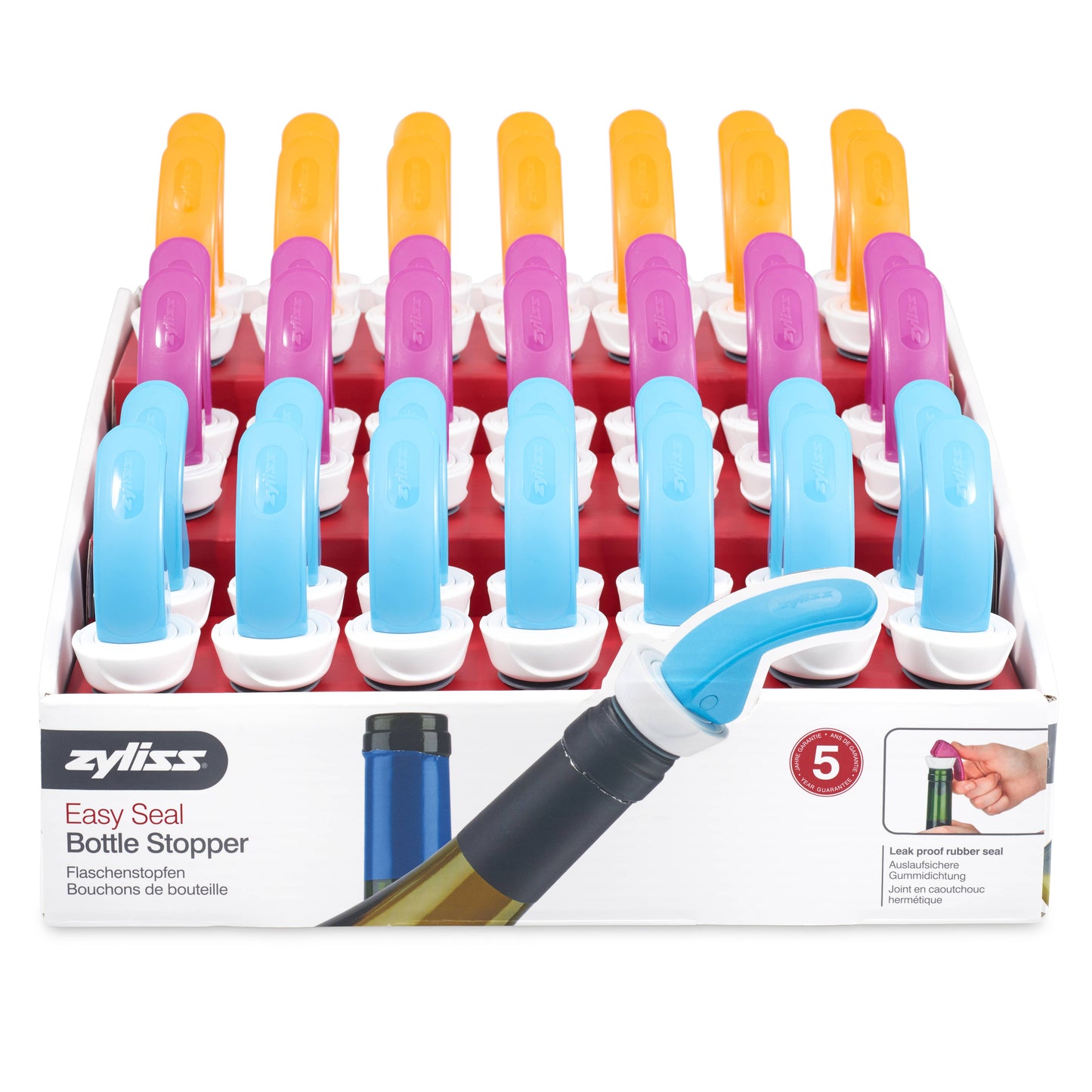 Zyliss Easy Seal Bottle Stoppers CDU Blue Orange Purple Grey