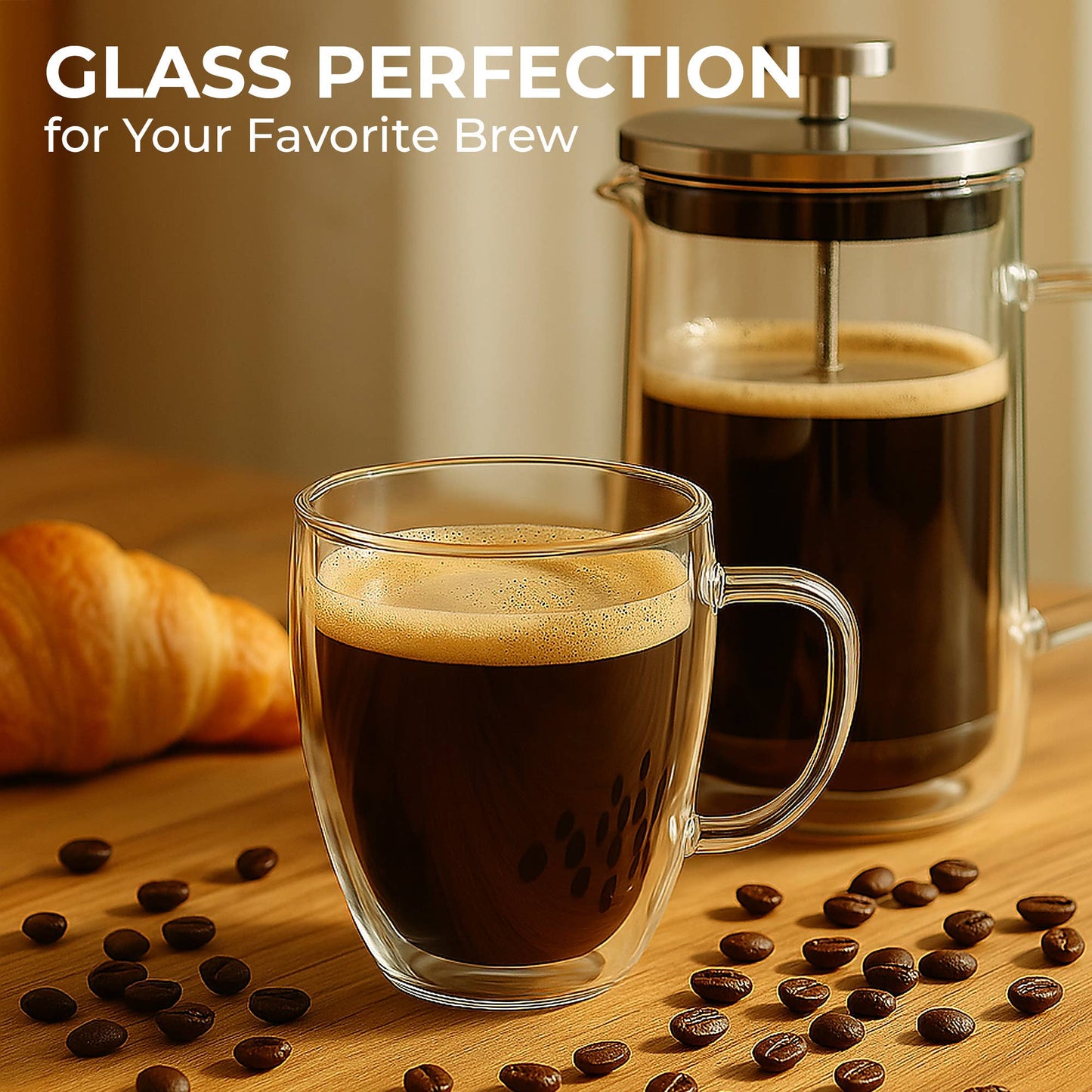 Kaffe 16oz Glass Coffee Mugs. Set of 2 (Two)