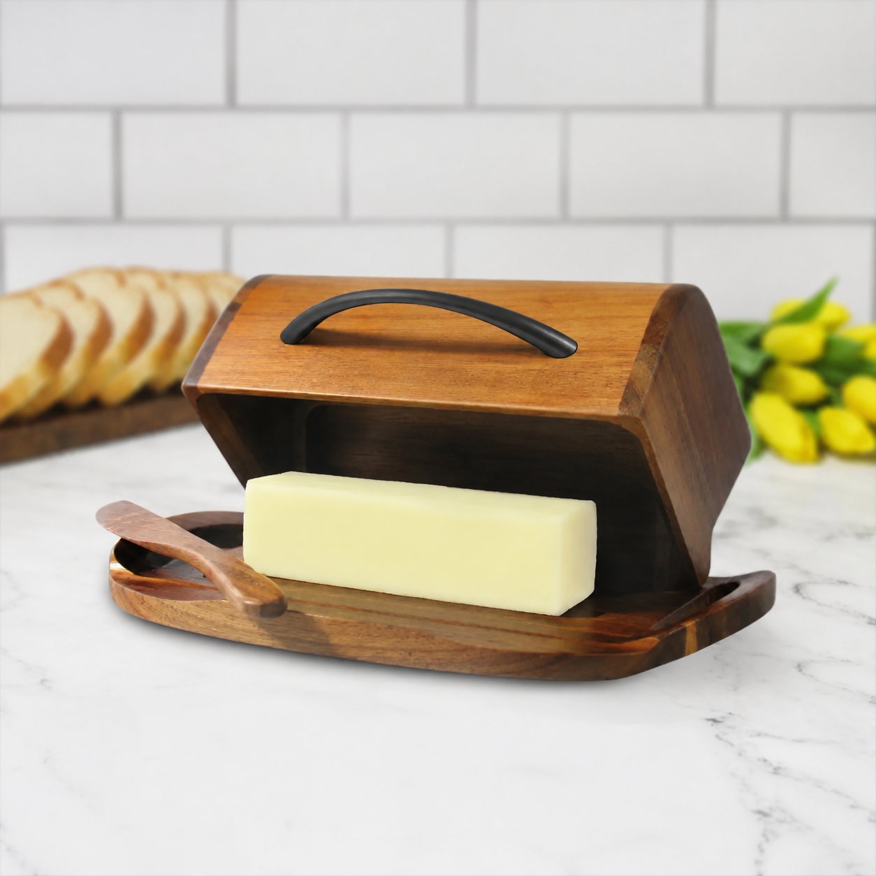 Acacia Wood Flip-Top Butter Dish w/ Spreader - Black Handle