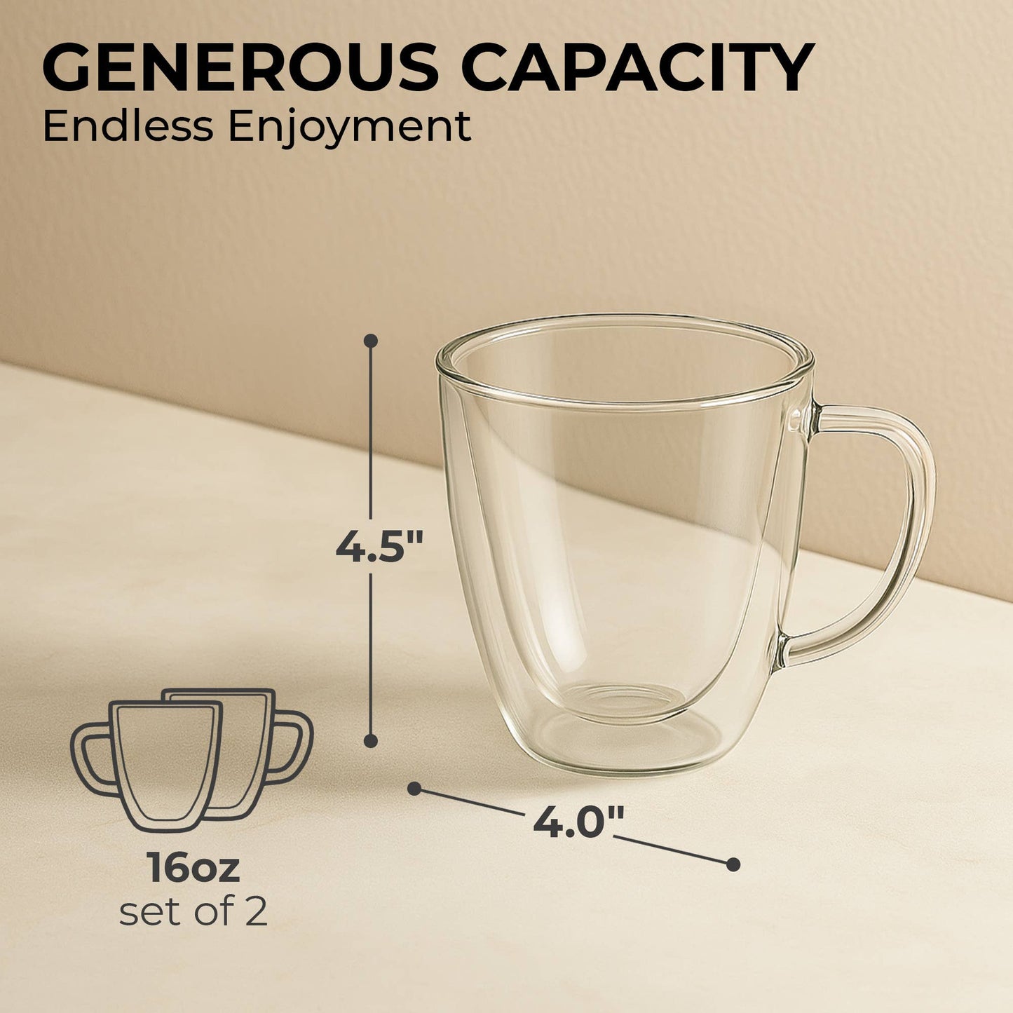 Kaffe 16oz Glass Coffee Mugs. Set of 2 (Two)