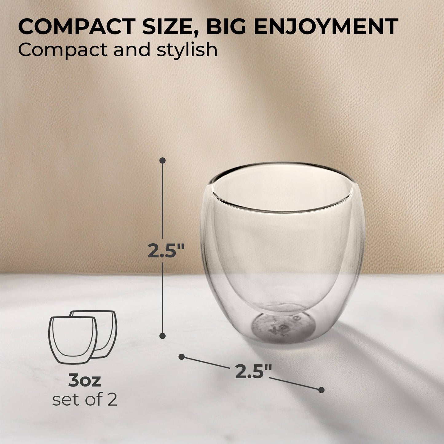 Kaffe 3oz Small Espresso Cups Double-Wall Borosilicate Glass