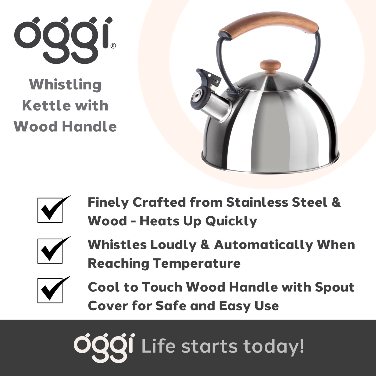 Stovetop Kettle - Steel, Wood Handle, Whistle (1.9lt, 64oz)