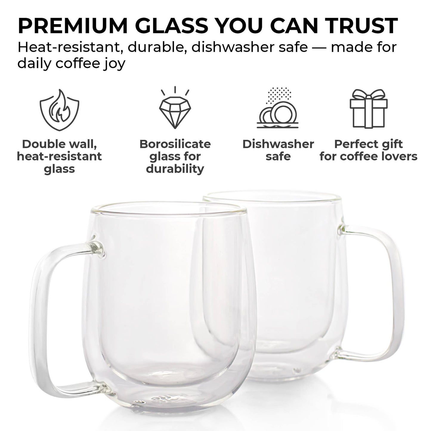 Kaffe 10oz Glass Coffee Mugs. Double-Wall Borosilicate Glass