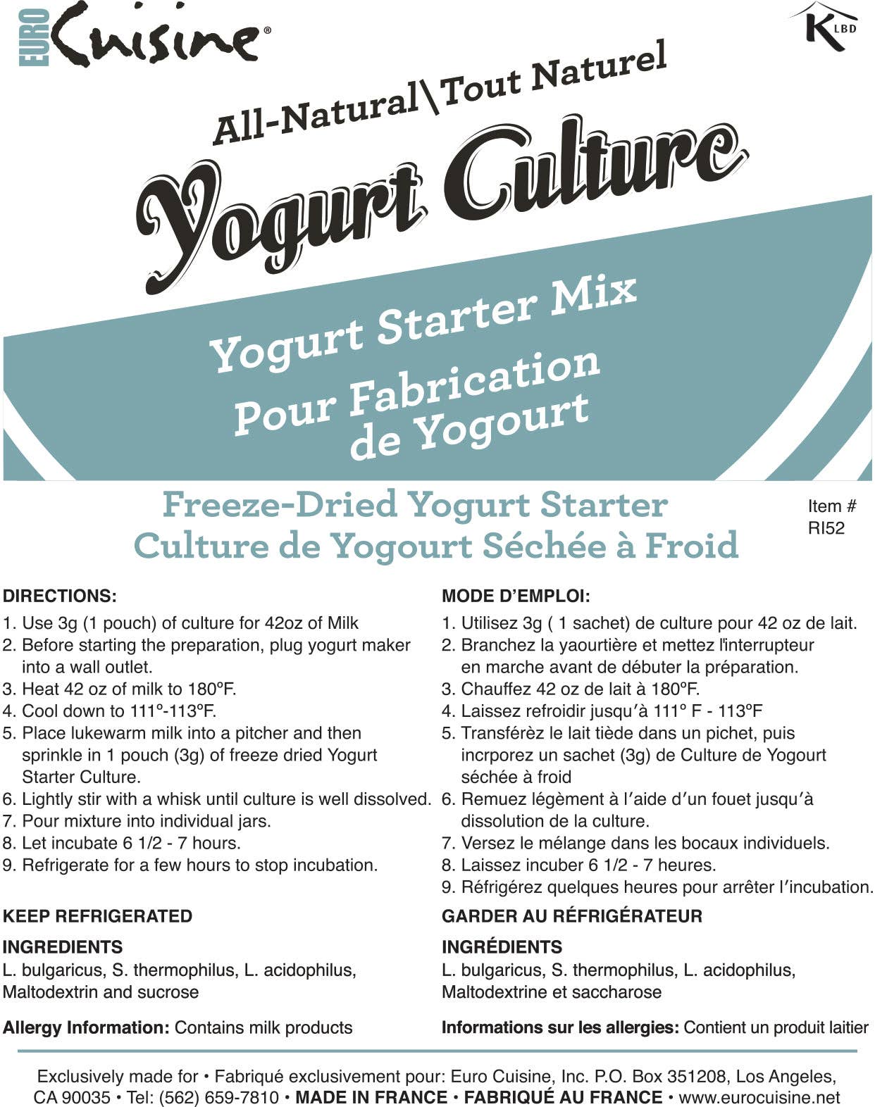 Euro Cuisine RI1020 All Natural Yogurt Starter/ Culture - 10