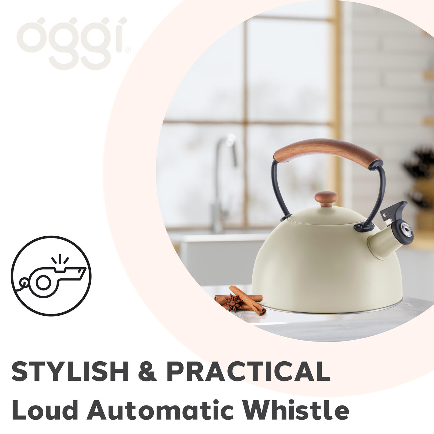Stovetop Kettle - Steel, Wood Handle, Whistle (1.9lt, 64oz)