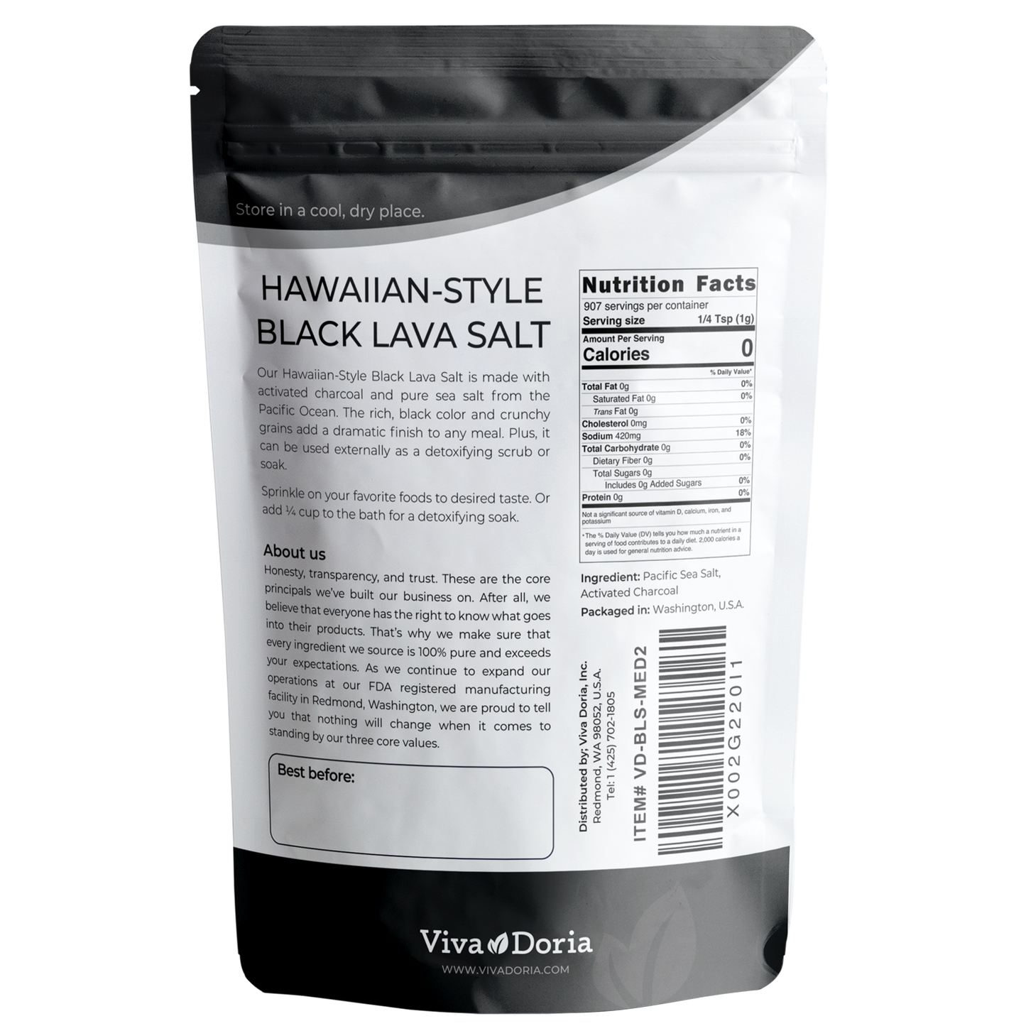 Hawaiian Black Lava Sea Salt, Medium Grain 2 lb