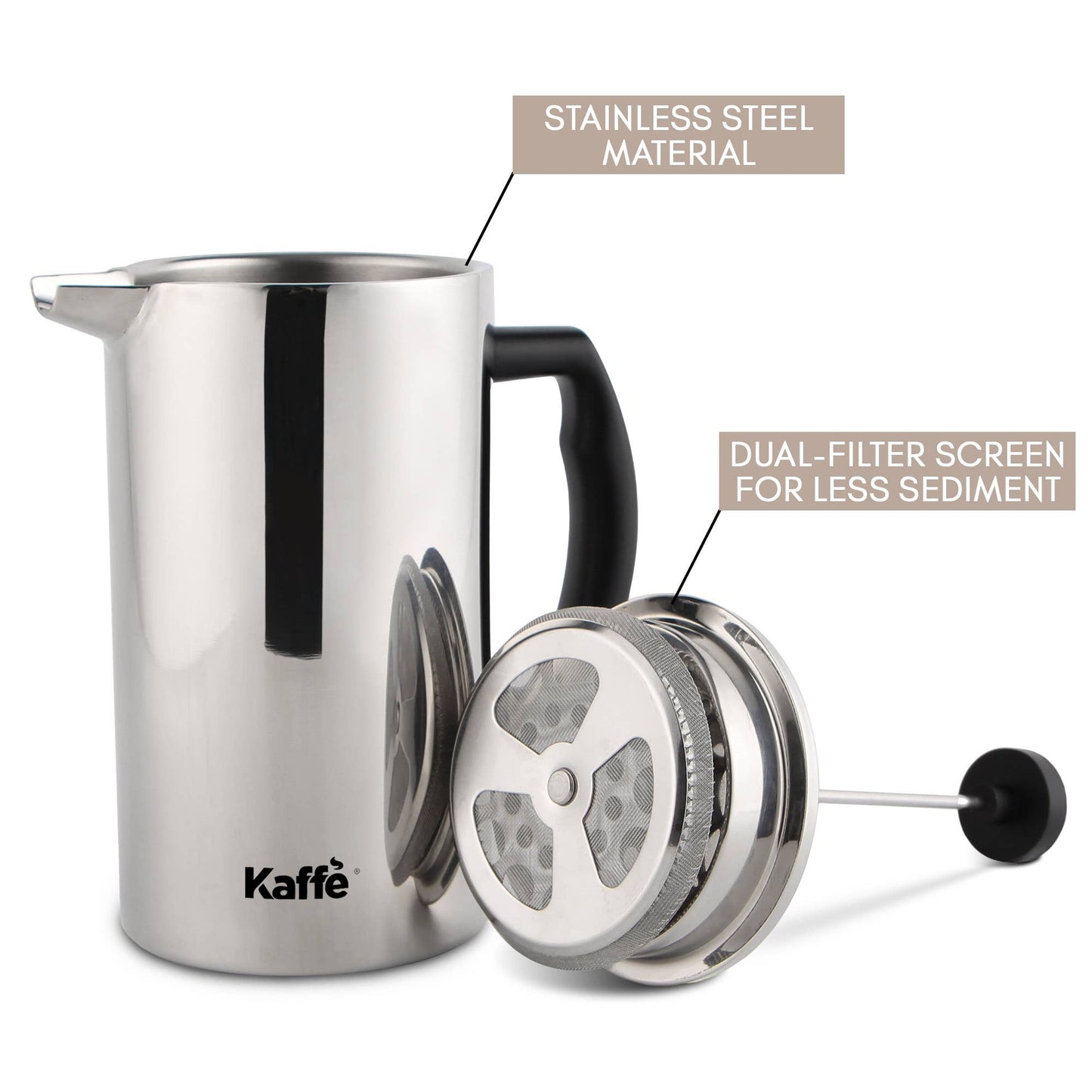 Kaffe French Press Coffee Maker. Double-Wall Stainless Steel