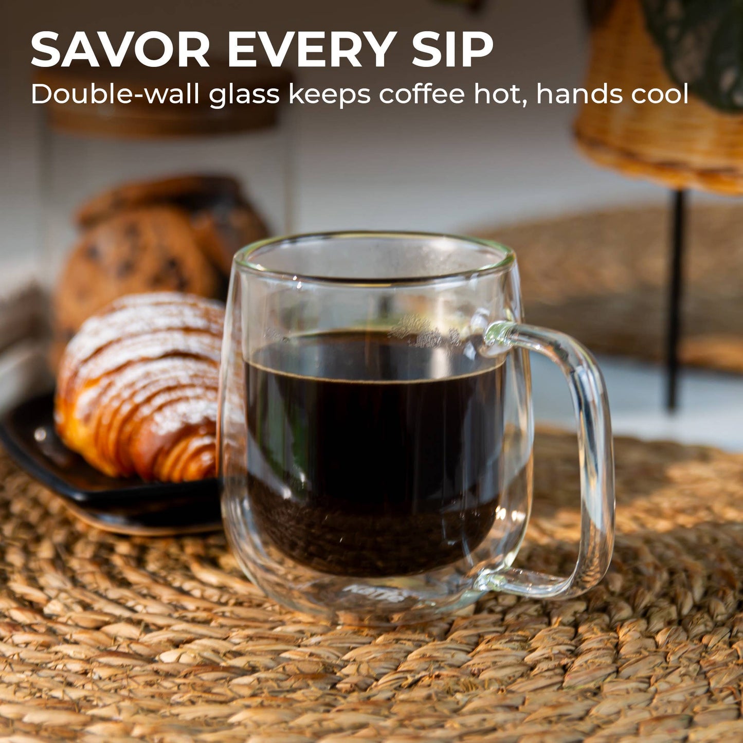Kaffe 10oz Glass Coffee Mugs. Double-Wall Borosilicate Glass