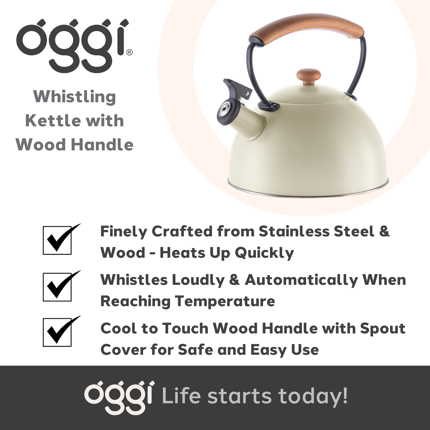 Stovetop Kettle - Steel, Wood Handle, Whistle (1.9lt, 64oz)