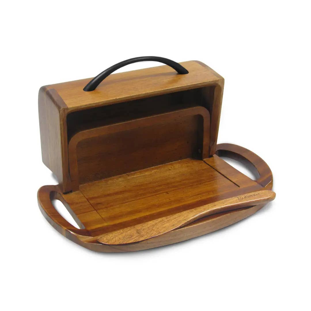 Acacia Wood Flip-Top Butter Dish w/ Spreader - Black Handle