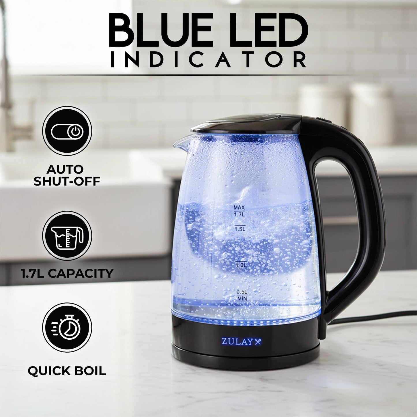 Glass Electric Kettle 1.7L with Blue LED Light