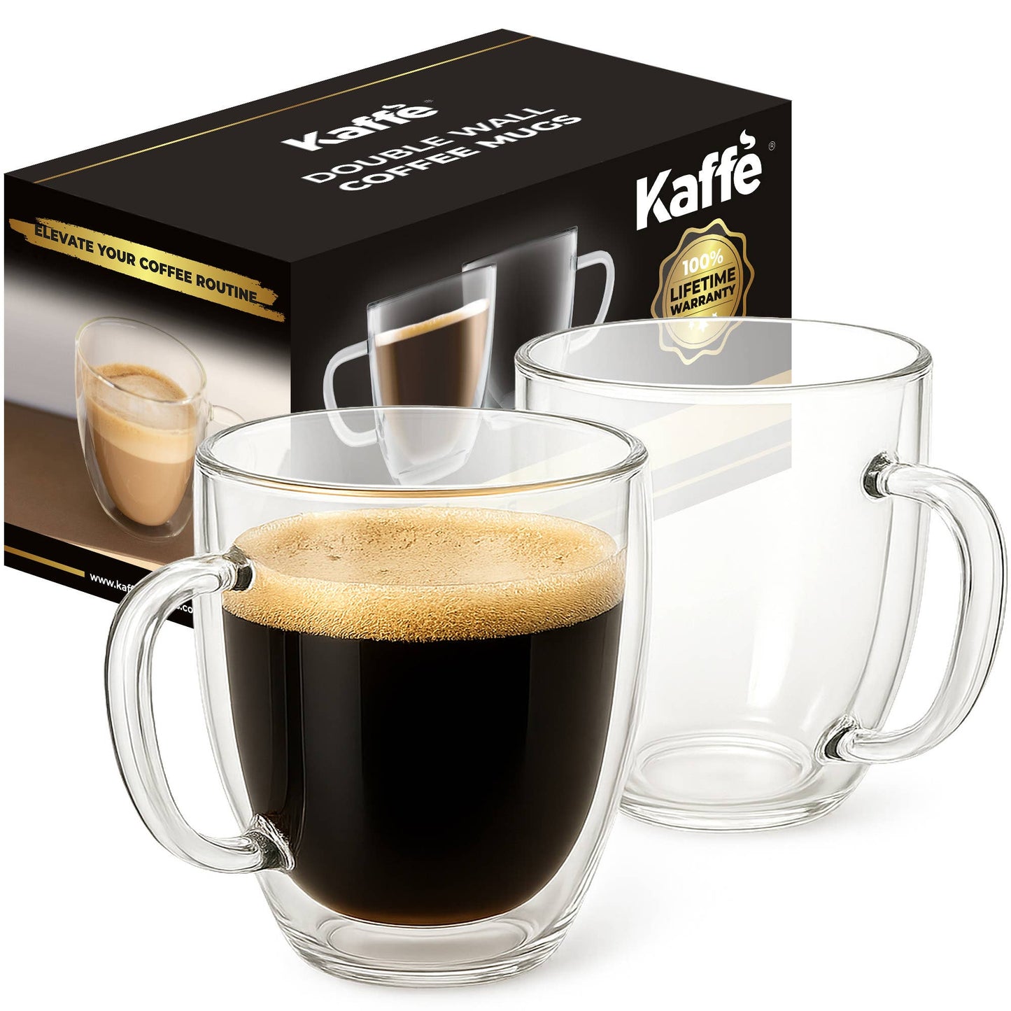 Kaffe 16oz Glass Coffee Mugs. Set of 2 (Two)