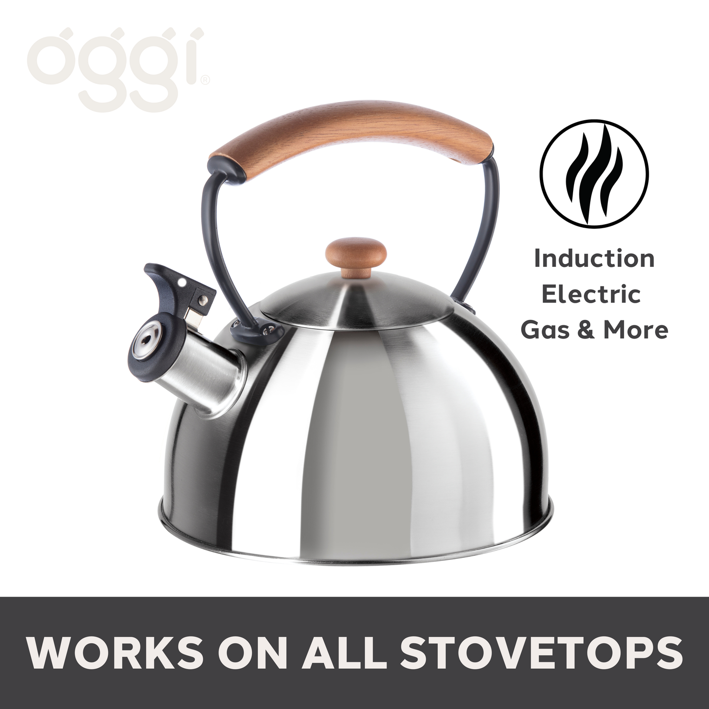 Stovetop Kettle - Steel, Wood Handle, Whistle (1.9lt, 64oz)