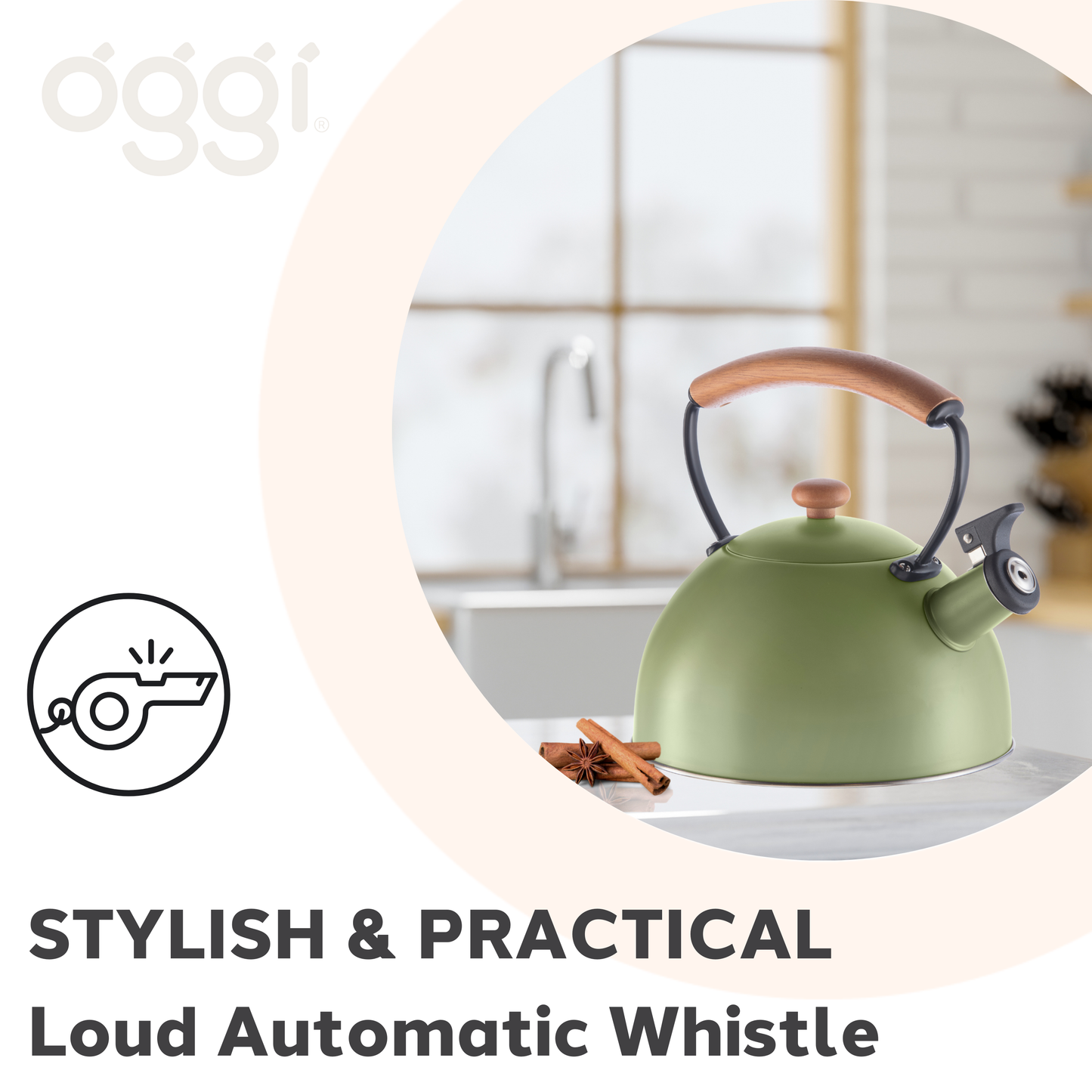 Stovetop Kettle - Steel, Wood Handle, Whistle (1.9lt, 64oz)