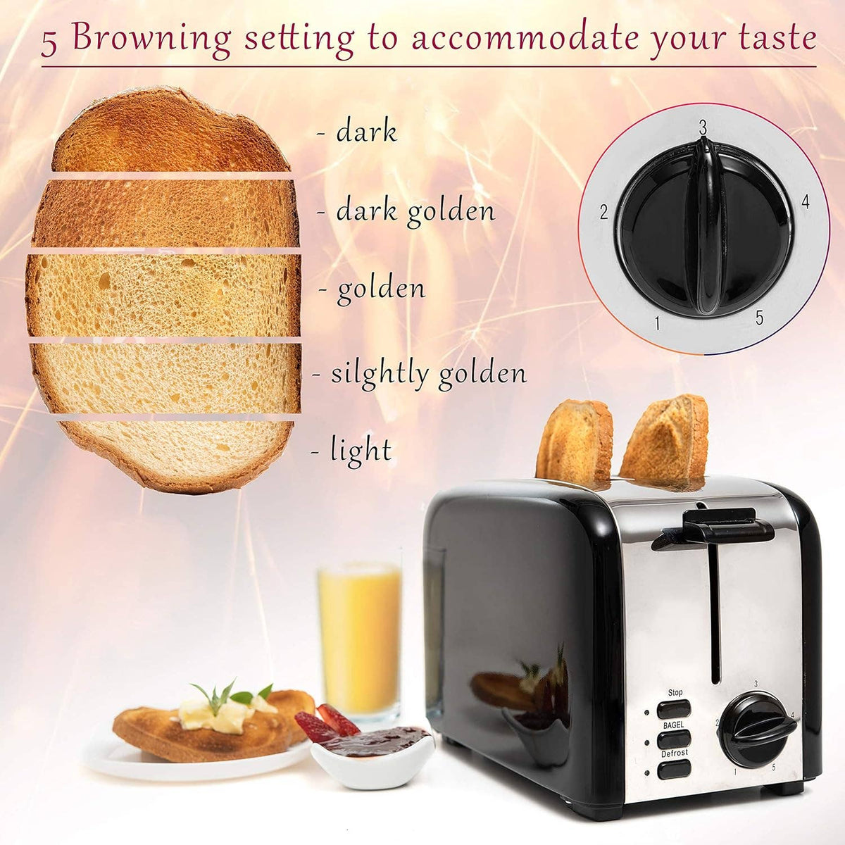 2 Slice Toaster, 1.5in Extra-Wide Slot Toaster For Bagel & Defrost with 5 Shade Settings, Bread Toaster 2 Slice With Removable Crumb Tray (black toaster)