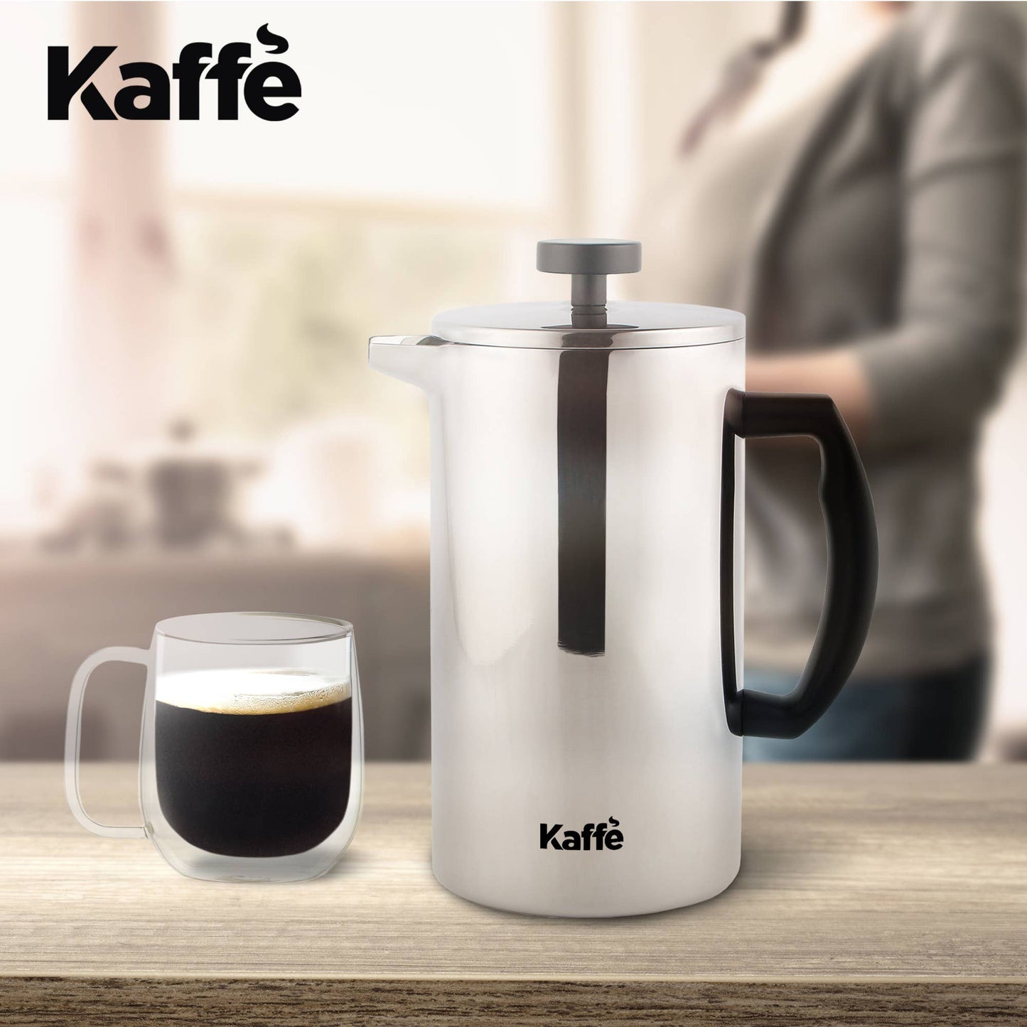 Kaffe French Press Coffee Maker. Double-Wall Stainless Steel