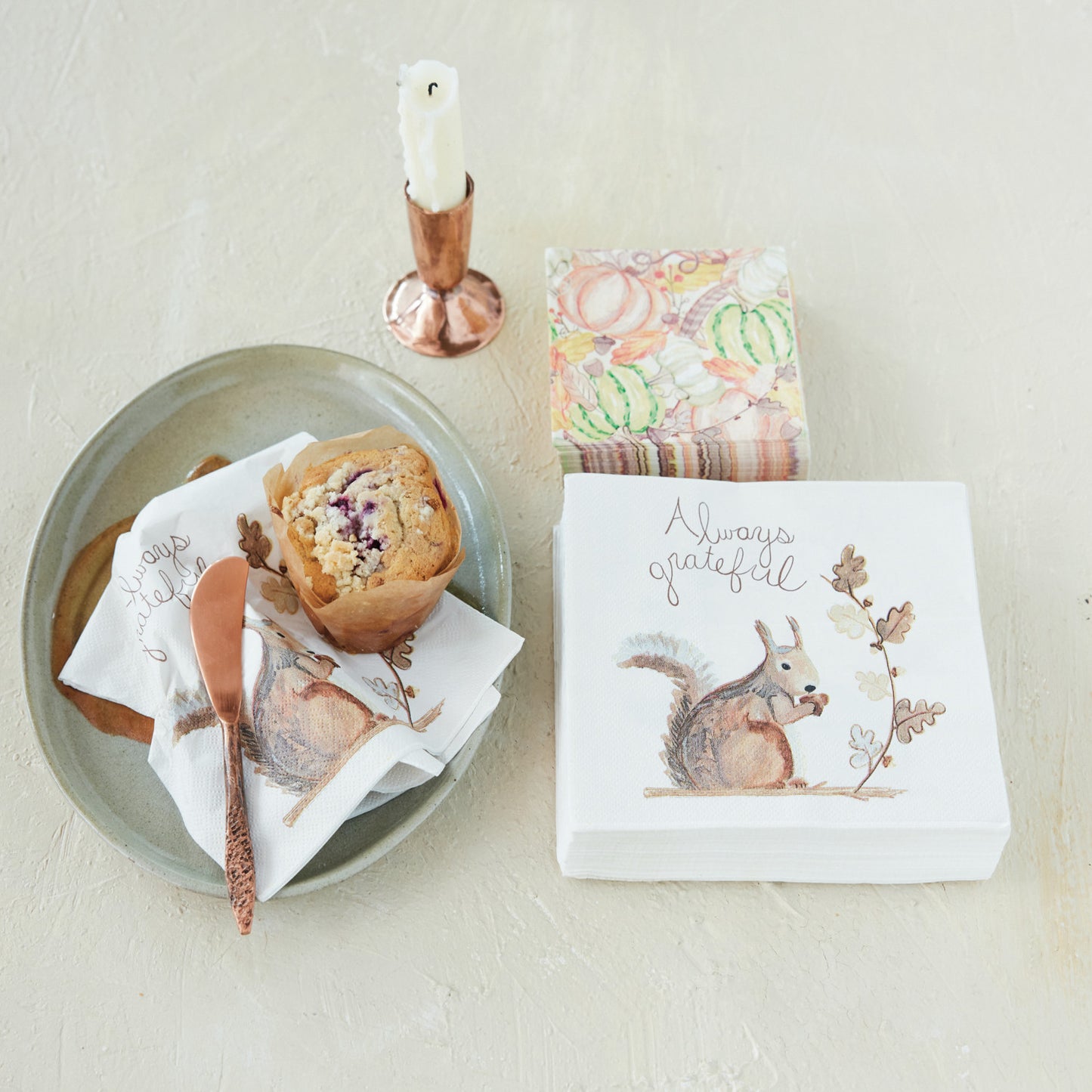 Paper Napkins with Squirrel "Always Grateful" (Contains 50 Folded Pieces) ©