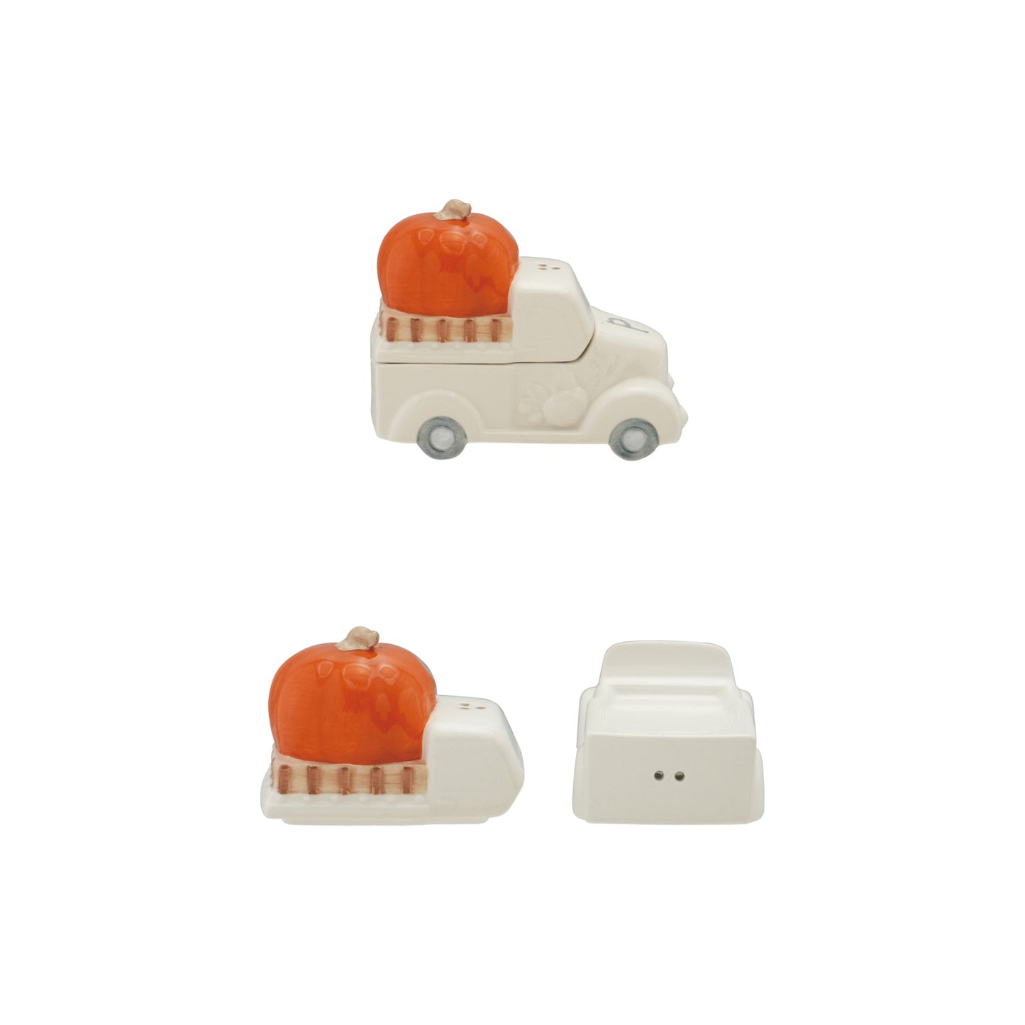 Ceramic Pumpkin on Truck Shaped Salt & Pepper Shakers, White & Orange Color, Set of 2