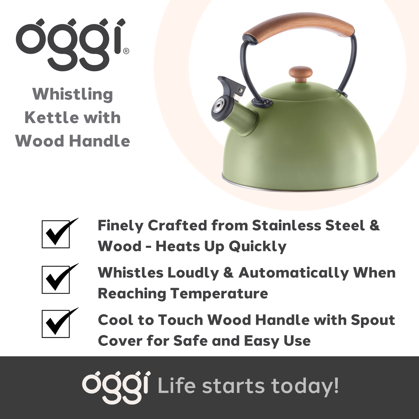 Stovetop Kettle - Steel, Wood Handle, Whistle (1.9lt, 64oz)