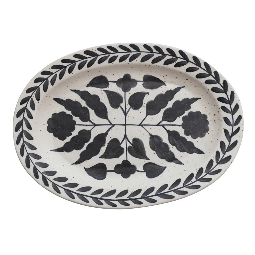 Hand-Painted Stoneware Platter w/ Floral Design
