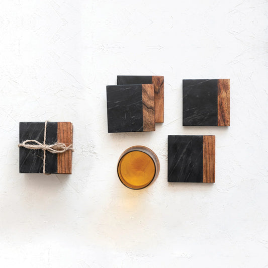 Marble & Acacia Wood Coasters Set of 4