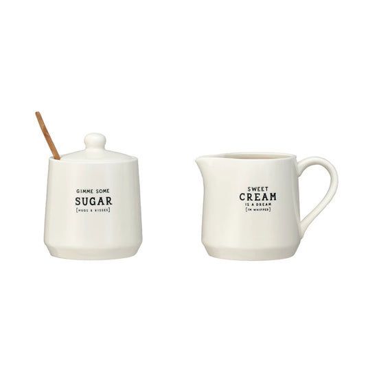 Stoneware Creamer & Sugar Pot w/ Bamboo Spoon, 12oz