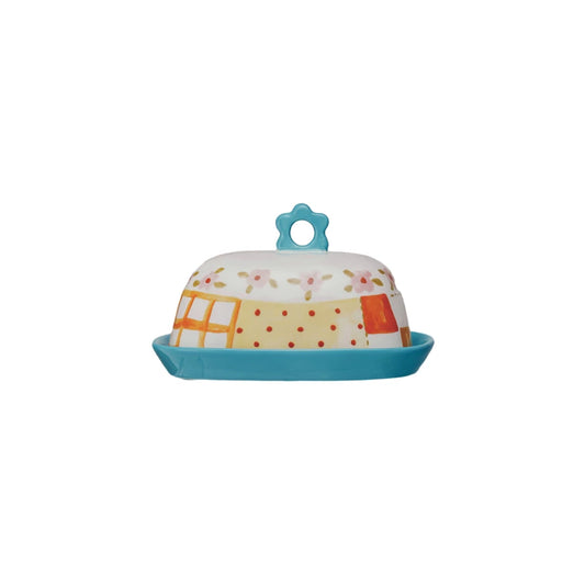 Stoneware Butter Dish w/Pattern
