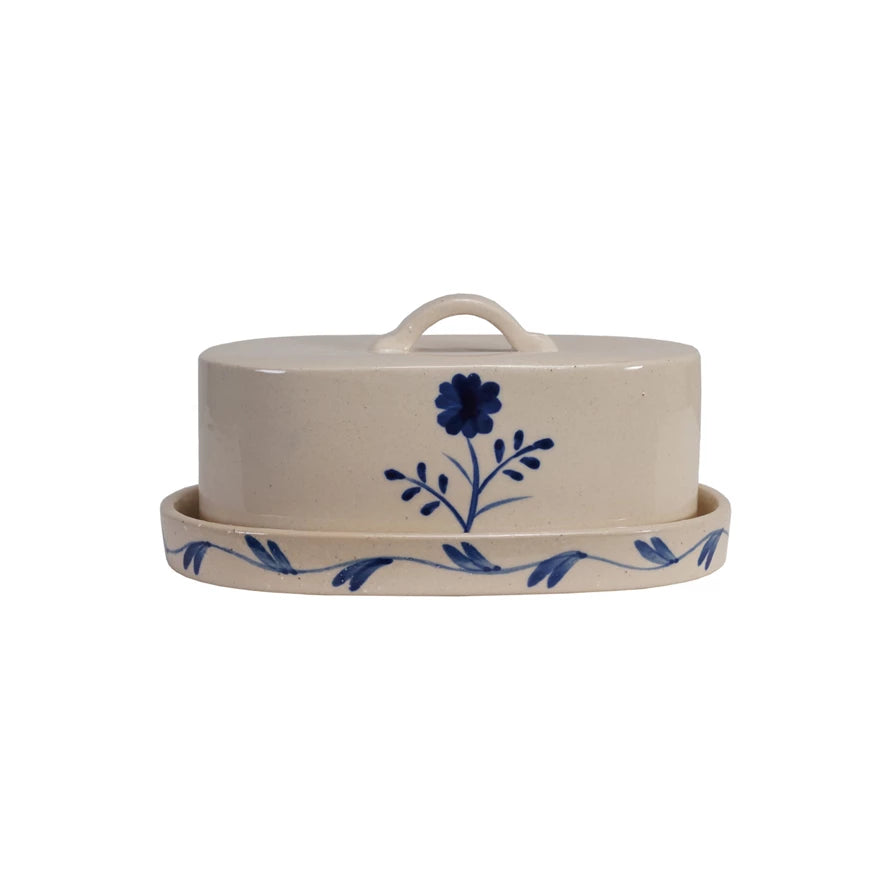 Stoneware Butter Dish Blue Flower