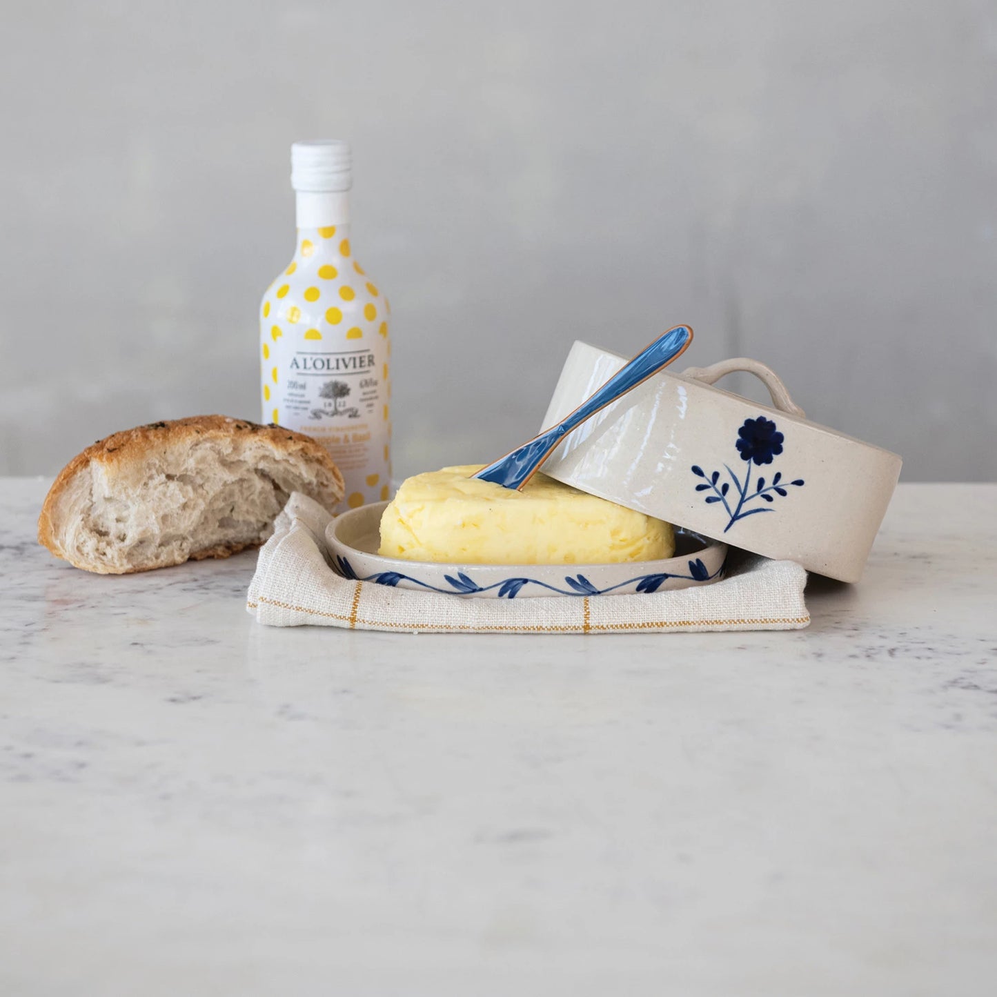Stoneware Butter Dish Blue Flower