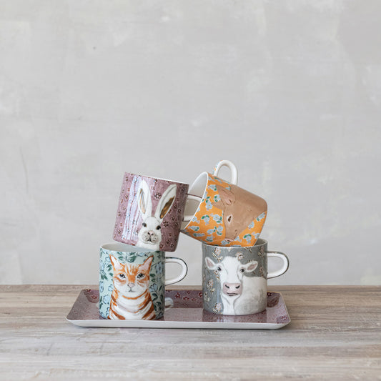 Stoneware Mug with Pattern & Animal Image, 4 Styles