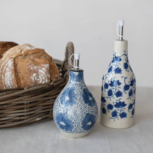 Stoneware Oil Cruet with Floral Pattern (2 styles)