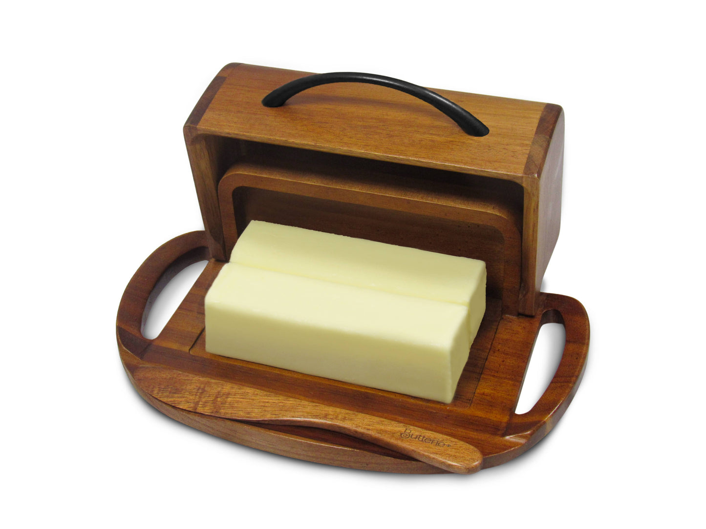 Acacia Wood Flip-Top Butter Dish w/ Spreader - Black Handle