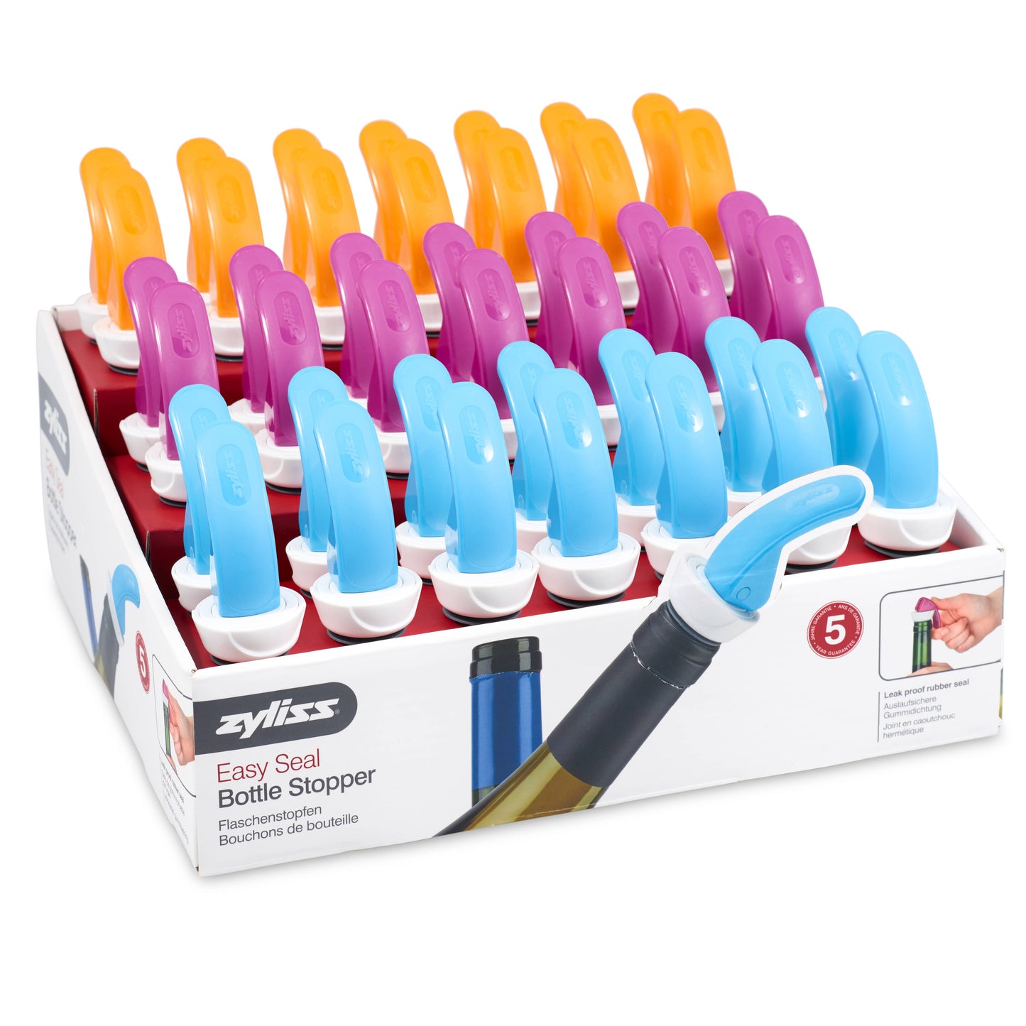 Zyliss Easy Seal Bottle Stoppers CDU Blue Orange Purple Grey