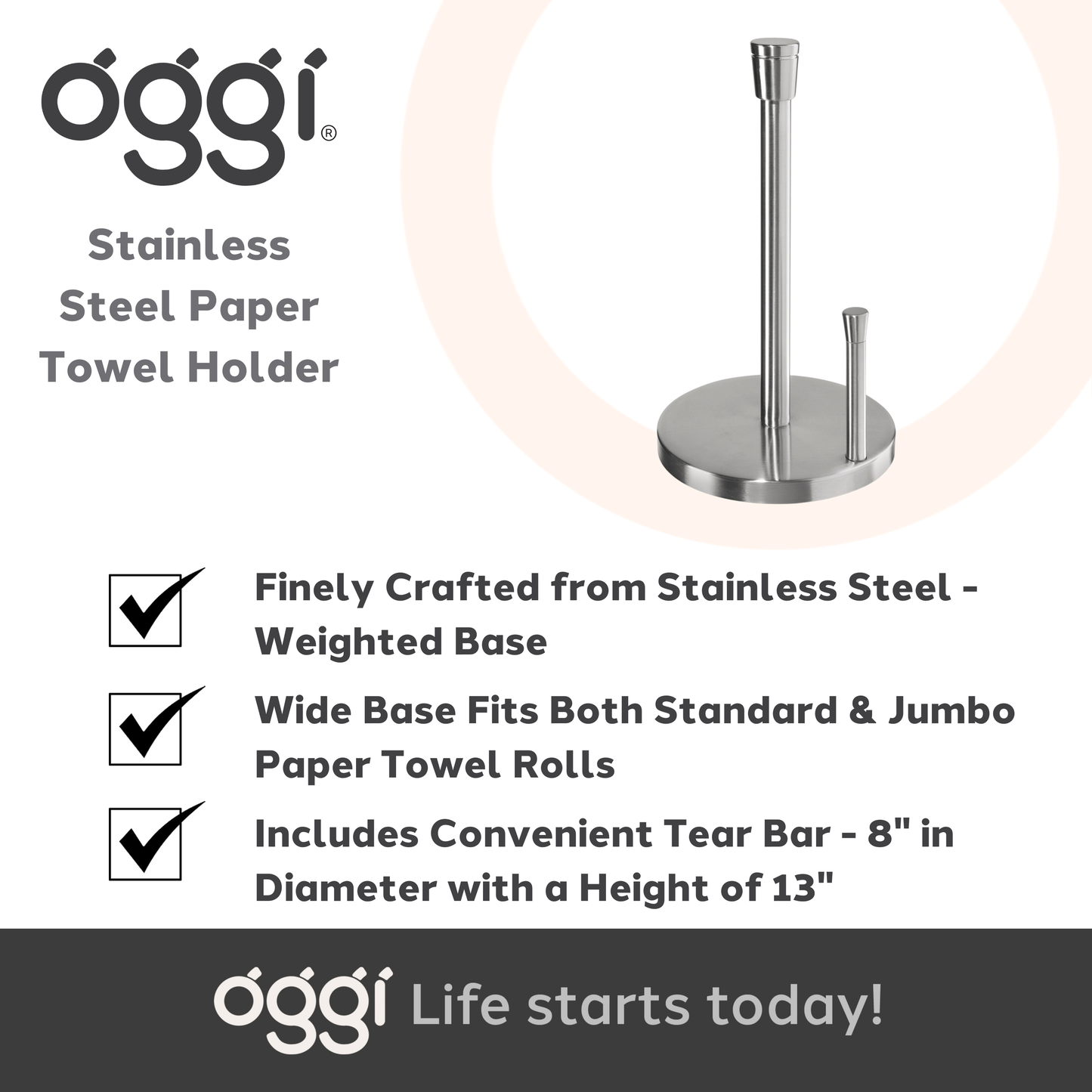 Paper Towel Holder - Stainless Steel w/ Tear Bar (13" H)